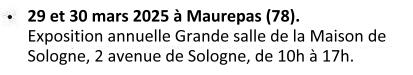 Du 29 au 30 mars 2025 à Maurepas (78). Exposition annuelle dans la Grande salle de la Maison de Sologne. 2 avenue de Sologne de 10h à 17h.